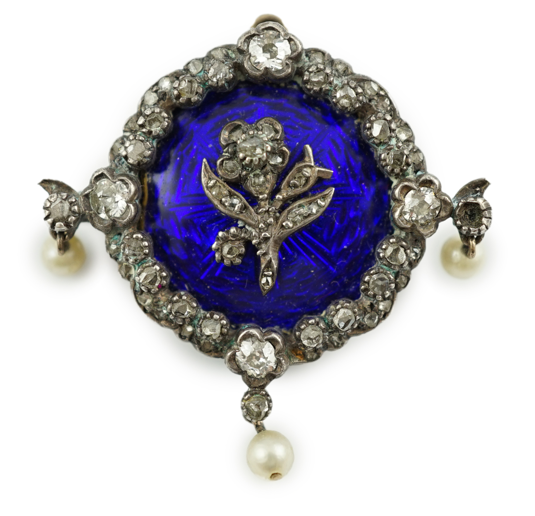 An Edwardian gold, enamel, diamond and seed pearl set drop brooch